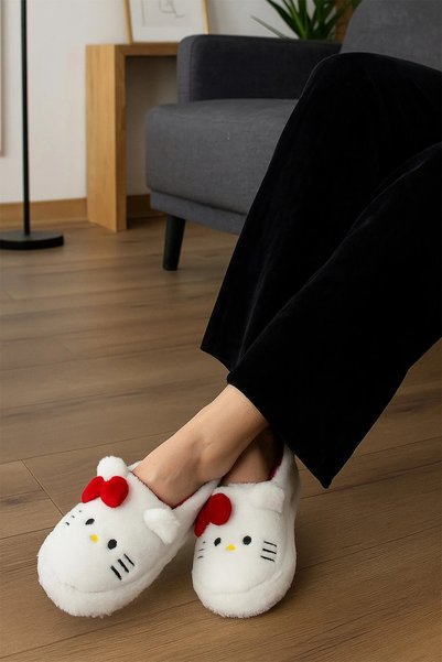 Moda Devrin Kırmızı Hello Figürlü Kurdela Detaylı Fiyonklu Kedili Kışlık Sessiz Taban Peluş Ev Pandufu, Ev Ayakkabısı