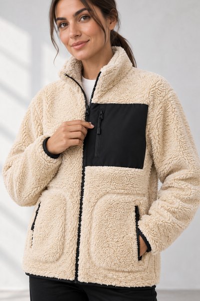 zazzia Women's Ecru Lambswool Welsoft Fleece Jacket with Full Zipper and 3 Zi...