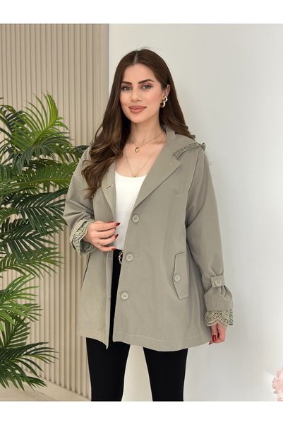 Hazel Butik Kadın Mint Dantel Kapüşonlu Düğmeli Mevsimlik Trençkot Ceket