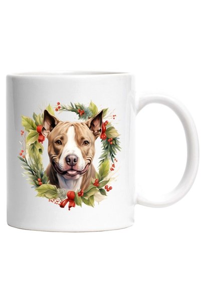 INOVATIX Personalized white mug, a happy Pitbull dog, wreath, leaves, mistlet...