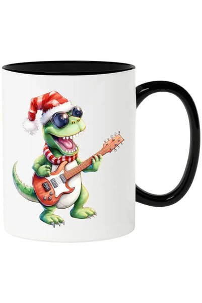 INOVATIX Чаша със зелен динозавър T-Rex, свирещ на китара, с черна дръжка, IN...