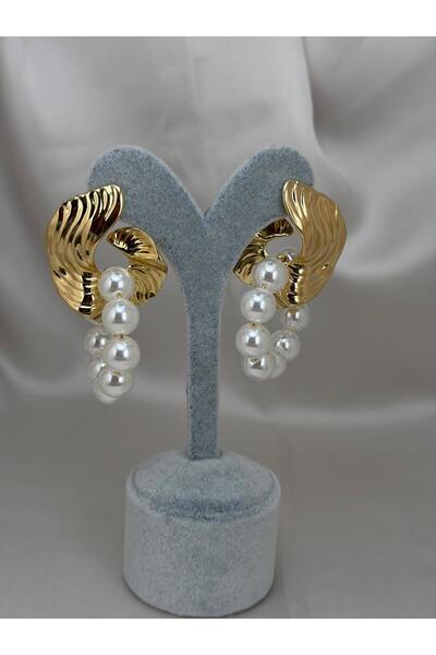 ZS Aksesuar GOLD-COLORED, PEARL-ACCENTED, CURVED-LEAF-DESIGNED, DANGLING, ELE...