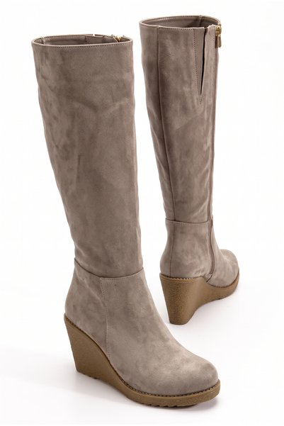 guijarro Women's Taupe Color Suede Padded Wedge Heel Long Boots with an Insid...