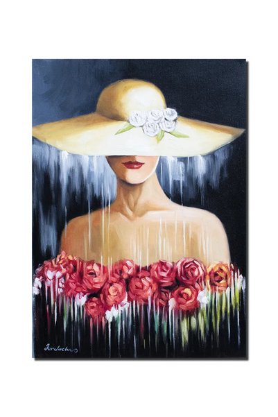 artnova Tablou tanara cu palarie pictat manual, Eleganta, 70x50cm ulei pe pan...