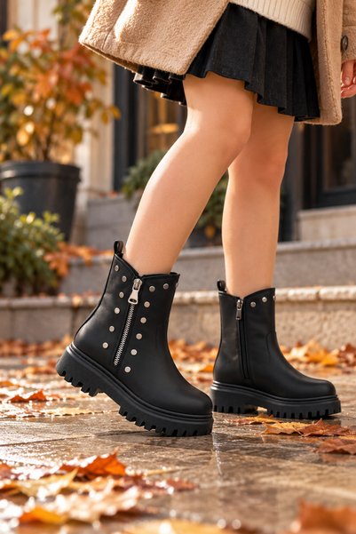 Mini Angel Women's Black Thick Sole Studded Ankle Combat Boots, Women's Black...