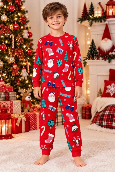 ALİŞ KİDS Boys' 100% Cotton Red Pine Candy New Year's-Themed Long-Sleeve Paja...