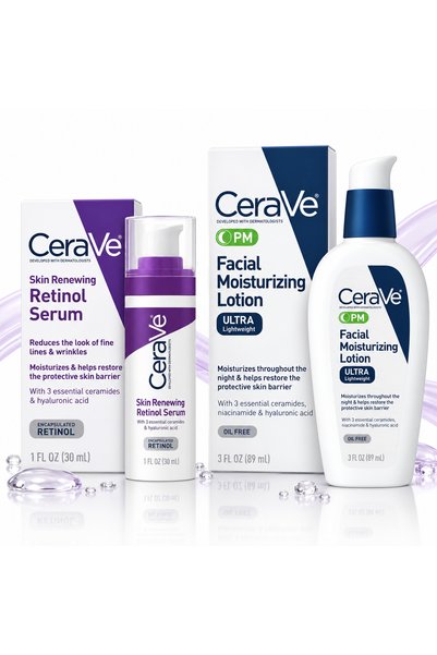 CeraVe مجموعة العناية بالبشرة الليلية للبشرة العادية إلى الجافة – سيروم ريتين...