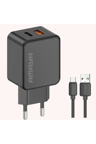 AMAYA E113UC Διπλός Φορτιστής 25W USB-C και 18W USB-A με Καλώδιο Type-C Μαύρο