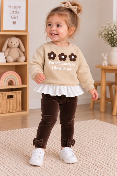 SANTRALBEBE Girls' Baby 3-Piece Set with Velvet Leggings and Floral Embroidery