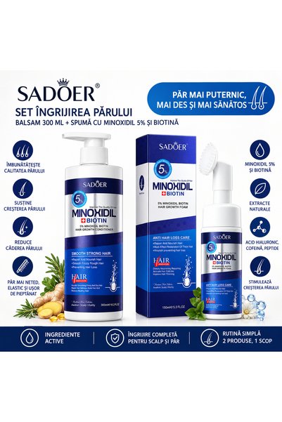 SADOER SET ÎNGRIJIREA PĂRULUI – BALSAM 300 ML ȘI SPUMĂ CU MINOXIDIL 5% ȘI BIO...