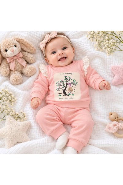 BEBELON FLORAL-PRINT BABY OUTFIT WITH GUIPURE LACE SLEEVES