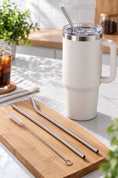 Yenilig 5 Adet Ekstra Uzun Paslanmaz Çelik Pipet Seti – Eğri Ve Düz Pipet, Temizleme Fırçalı, 40 Oz/1200 ML Termos Uyumlu, Metal Straw