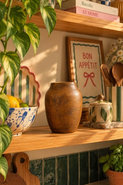 BUCOLIC Vază decorativă din lemn de salcâm natural în stil boho – 16 cm