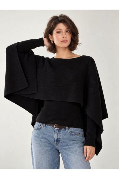 Lavinza Cape-Style Brioche Knit Boat Neck Sweater with Collar Detail