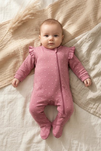 ANP MODA TASARIM Girls' Baby Romper with Plum Polka Dot Pattern, 100% Cotton,...
