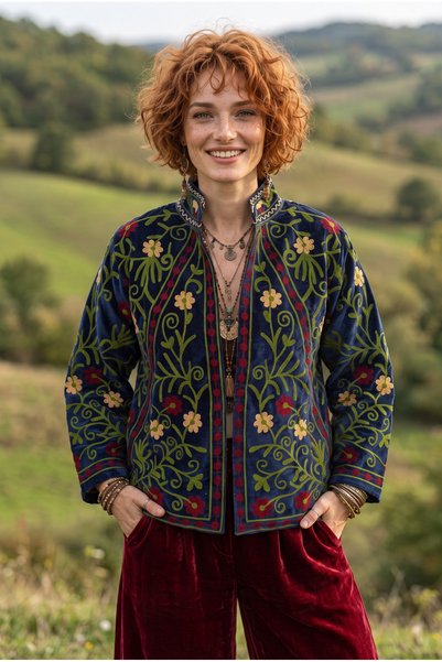 Bohoyasam Women's Suzani Embroidered Velvet Jacket – Ethnic Bohemian Design