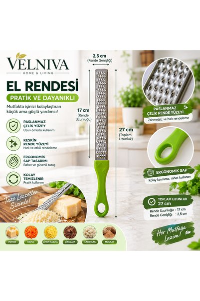 Paslanmaz Metal İnce El Rendesi – Limon, Peynir, Çikolata Rendesi – Ergonomik Yeşil Saplı