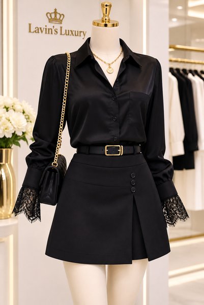 Generic Brand Women's Black Asymmetrical-Cut Mini Skirt with Button Details