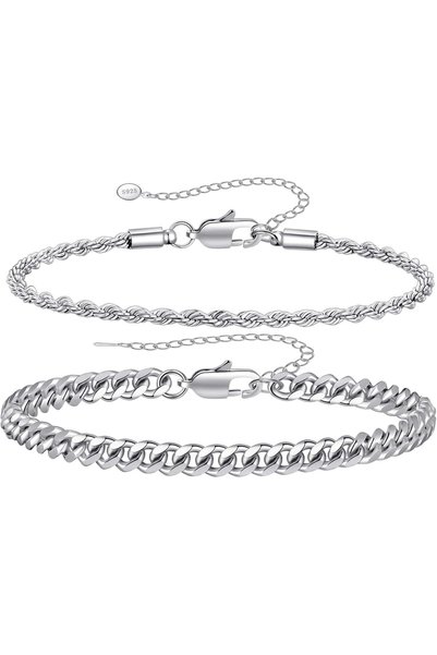 TERRIFI 2 Pcs Chain Bracelet Set, Silver Plated Figaro and Cuban Link Bracele...