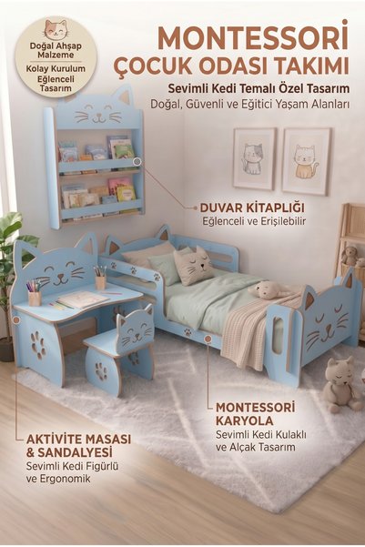 terra ws Montessori Kedili Bebek ve Çocuk Odası Takımı – Kedi Figürlü Karyola...