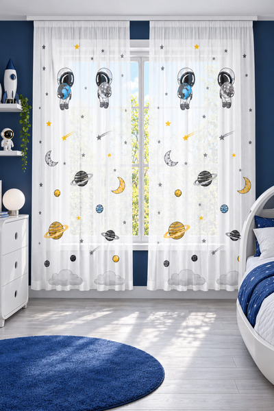 HOMESSA Astronaut and Planets Double-Panel Children's Room Sheer Curtain