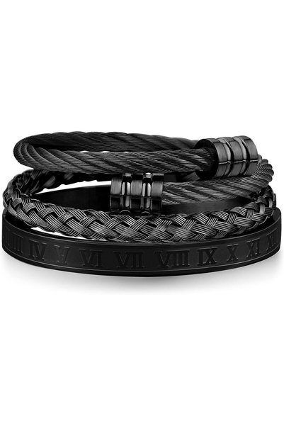 GENERAL 3PCS Stainless Steel Bracelets for Men - Silver Gold Roman Numeral Ba...