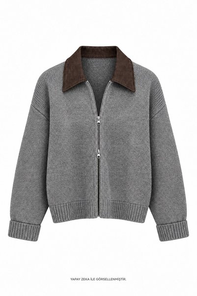 elifteke Coffee-Colored Sweater with a Collar, Gray
