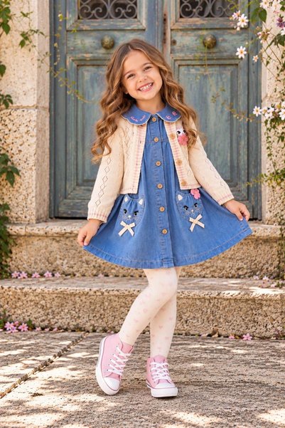 Elidabutik Kedili cepli denim jile elbise ve ajurlu hırka