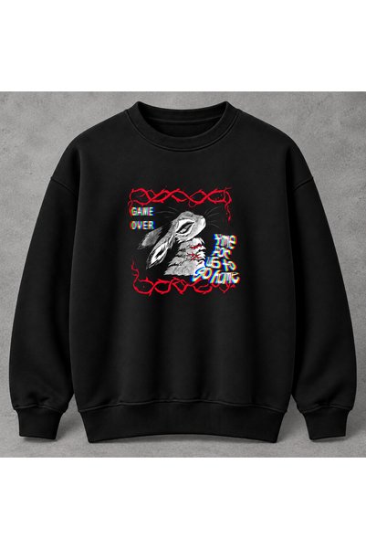 YOLO STREET Men's Black Oversized Sweatshirt with Red Glitch Rabbit Print, 3-...