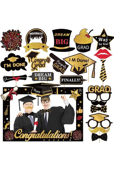 GENERAL ALMEKAQUZ 22Pcs Black Gold Graduation Photo Booth Props, 2025 Large S...