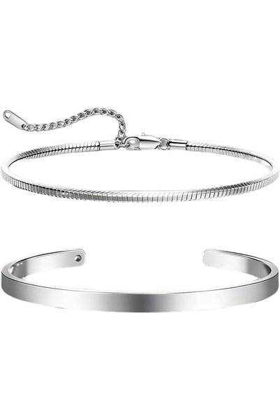 GENERAL Stackable Bracelets for Men, Silver Figaro & Cuban Chain Bracelet Set...