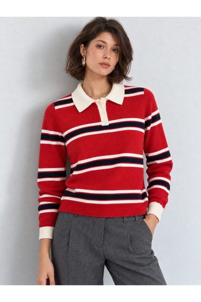 Lavinza Striped Polo Collar Sweater