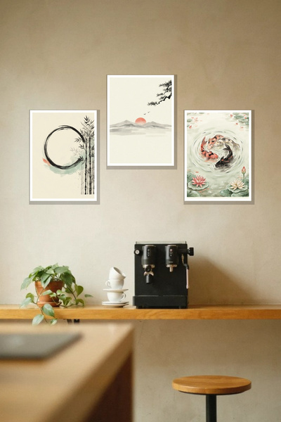 Nod Set de tablouri Zen japoneze cu cerneală, 3 bucăți, cu aspect de ramă, 30...