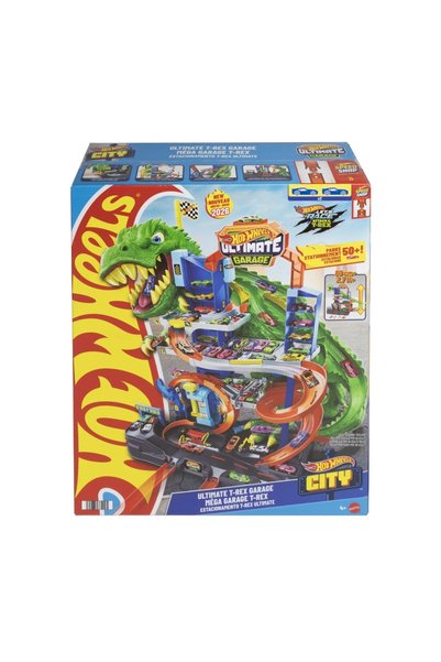 HOT WHEELS Set de joacă City T-Rex Suprem Garage cu 2 mașinuțe incluse