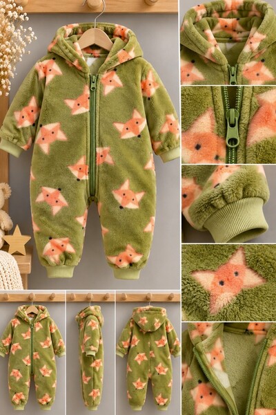 DeKuBaby Desenli Polar Kapüşonlu , Patiksiz Fermuarlı Kışlık Ünisex Bebek Tulumu