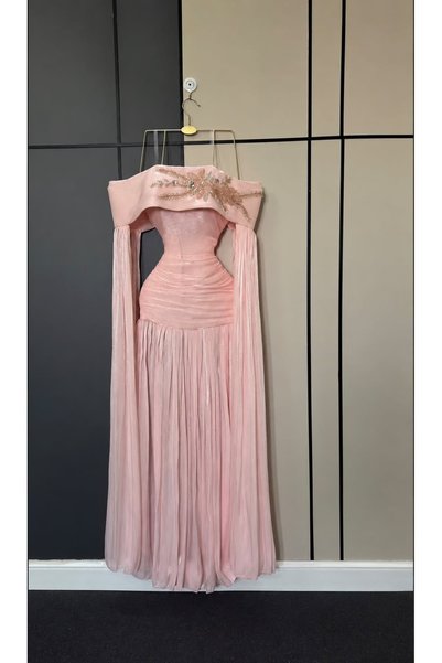 BAKLAFASHO Off-The-Shoulder Collar Long Evening Dress - Light Pink