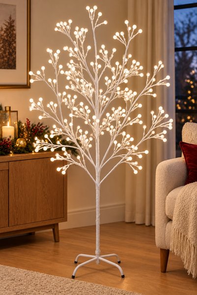 SBR Copac decorativ luminos alb, 150 cm, cu 120 de lumini tip bobițe și supor...