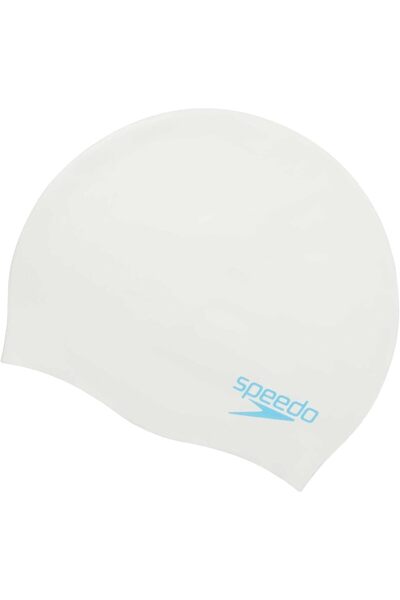 SPEEDO Plain Moulded Silicone Swimming Cap for Unisex Kids, One Size, White/Blue
