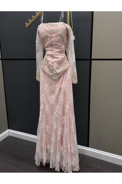 BAKLAFASHO Long Sleeve Lace Applique Pearl Evening Dress - Light Pink