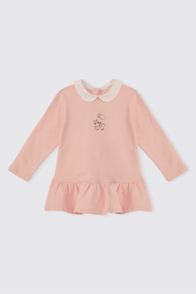 Panço Pink Knit Dress with Peter Pan Collar for Baby Girls