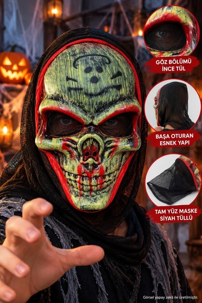 TOYFEST Kuru Kafa Korku Maskesi Kırmızı Yeşil Halloween Cadılar Bayramı Parti Kostüm Maskesi