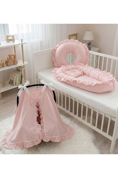 Babynest Fırfırlı Babynest, Emzirme yastığı ve Puset Örtusu 3 lu avantajlı set Pembe