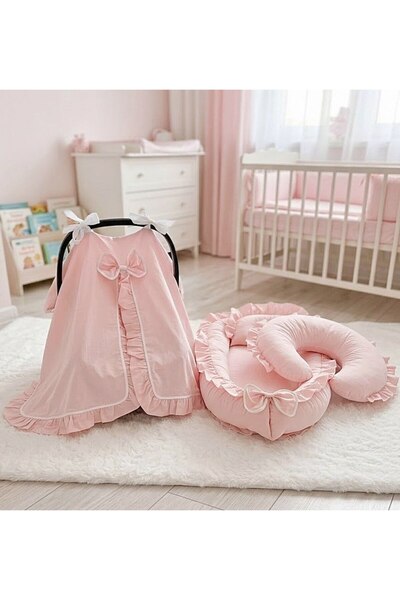 Babynest Fırfırlı Babynest, Emzirme yastığı ve Puset Örtusu 3 lu avantajlı set Pembe