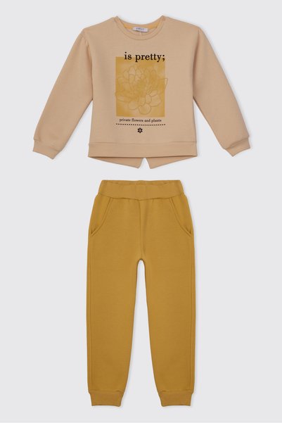 Panço Girls' Brushed Inside Mustard-Colored Top and Bottom Set (2-Piece Top a...
