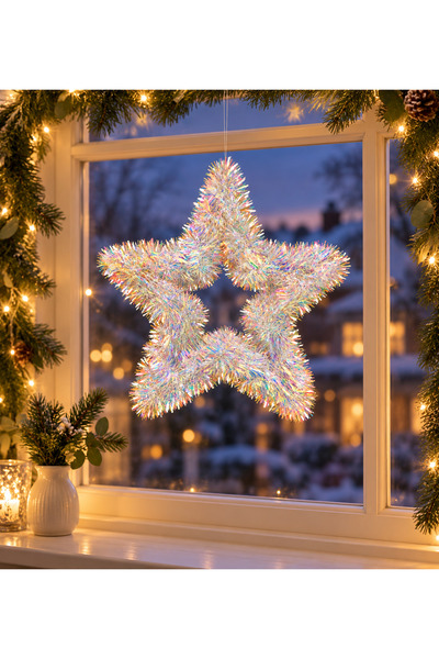 SBR Decorative Christmas star, 32 cm, white iridescent tinsel, hanging ornament