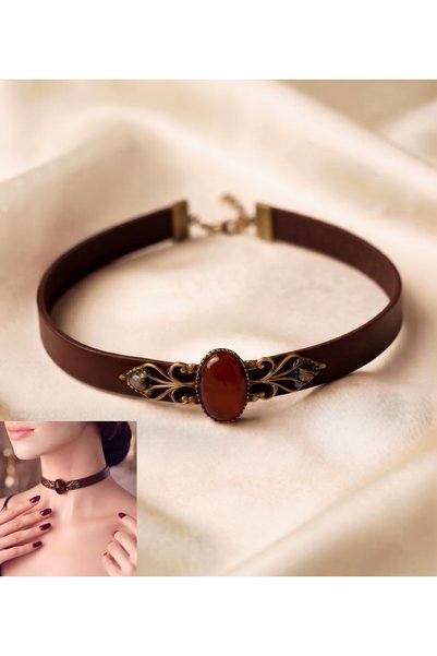 LADYMİRAGE GENUINE LEATHER HANDMADE NATURAL STONE CHOKER NECKLACE