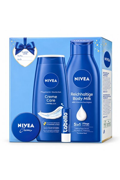 NIVEA Set cadou pentru îngrijire Classic Love, 250 ml + 400 ml + 30 ml + 5.5 g