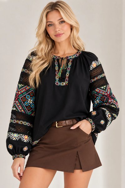 MetuCA Women's Black Multicolored Ethnic Embroidered Pure Cotton Linen Bohemi...
