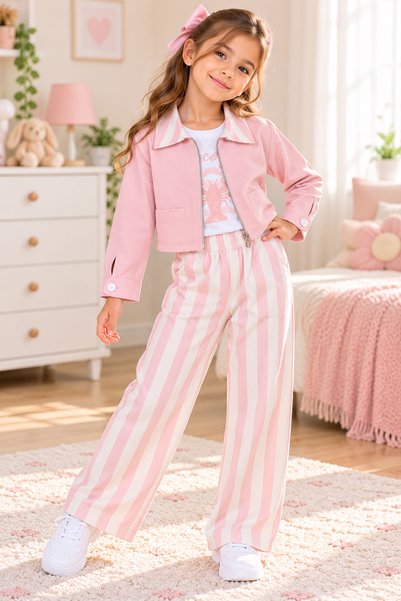 SERPİL Girls' 3-Piece Outfit Set with Jacket and Pink Striped Pants, Ages 7–8