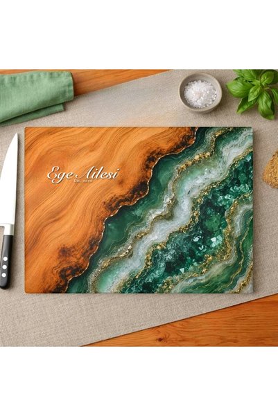 KEYFHOME Emerald Green Agate-Patterned Glass Cutting Board, 30x40 cm, Tempere...